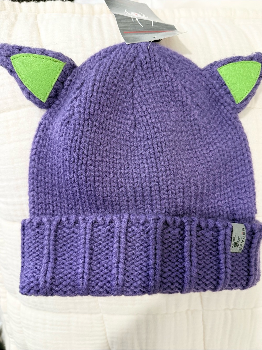 NWT | Spyder Kids One Size Ski Beanie Knit Cat Ear Purple and Green - Picture 2 of 16